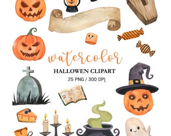 Imágenes prediseñadas de Halloween en acuarela, calabazas en acuarela, decoración para fiestas espeluznantes, descarga digital PNG para uso comercial.