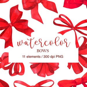 Watercolor Red Bows Clipart, Handpainted Ribbon Bows. PNG. Silk bow, romantic, ribbons. Gift Decor. Watercolor ribbon, gift bows. DIY