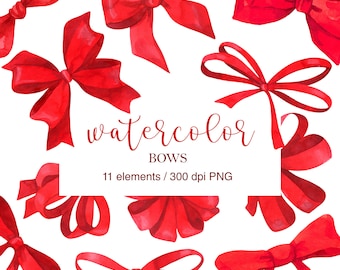Watercolor Red Bows Clipart, Hand painted Ribbon Bows. PNG. Silk bow, romantic, ribbons. Gift Decor. Watercolor ribbon, gift bows