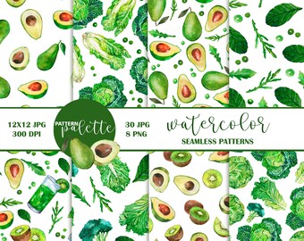 Patrón sin costuras de aguacate en acuarela, papel digital de comida verde, fondo de cocina saludable, diseño de superficie vegano orgánico