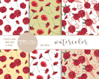 Watercolor Red chrysanthemum Patterns, Floral Digital Paper Fall Burgundy flowers Backgrounds