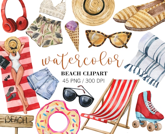 Watercolor Beach Clipart, Vacation clipart PNG, Travel clipart, Summer Clipart, Watercolor Tropical Clipart, Summer Holiday clipart