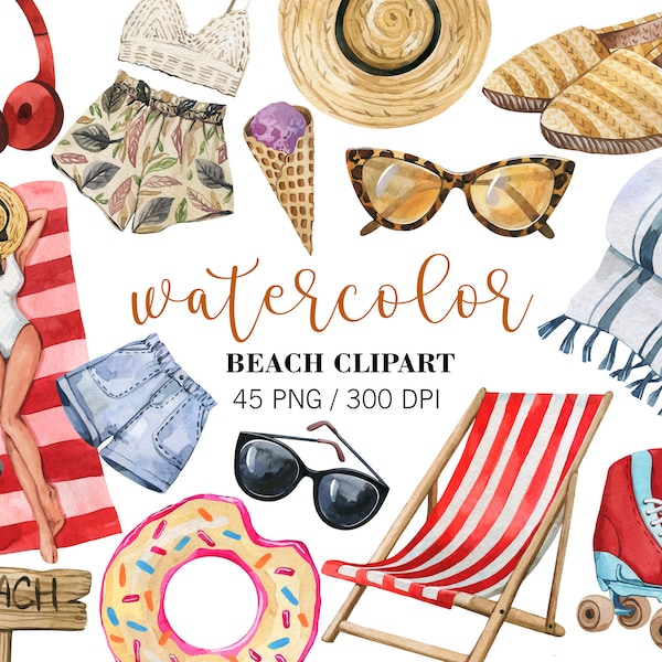 Watercolor Beach Clipart, Vacation clipart PNG, Travel clipart, Summer Clipart, Watercolor Tropical Clipart, Summer Holiday clipart