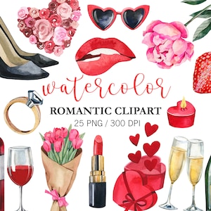 Acquerello San Valentino Clipart, Clipart romantico, Clipart matrimonio, Amore PNG, Labbra rosse, Clipart baci, Anello, Palloncini cuore, Vino, Tulipano