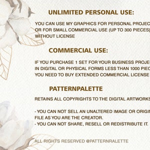 May include: A digital illustration of a cotton flower with text that reads "Unlimited Personal Use: You can use my graphics for personal project or for small commercial use (up to 300 pieces) without license. Commercial Use: If you purchase 1 set for your business project in digital or physical forms less than 1000 pieces, you need to buy extended commercial license. Patternpalette retains all copyrights to the digital artworks. - You can not sell an unaltered image or original file as you are the creator. - You can not share, resell or redistribute it. All rights reserved @patternralette"