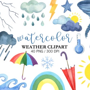 Aquarell Wetter Clipart, Wolke Clipart, Frühling Clipart, Regen, Schnee, Sonne, Mond, Blitz, Regenbogen Clipart, Kinderzimmer Dekor, PNG