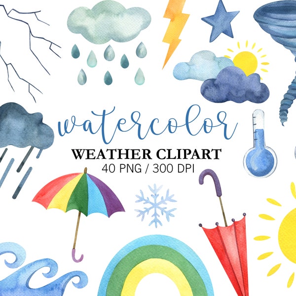 Watercolor Weather Clipart, Cloud Clipart, Spring Clipart, Rain, Snow, Sun, Moon, lightning, Rainbow clipart, Nursery Decor, PNG