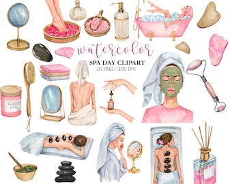 Watercolor Spa Day Clipart: Beauty & Relaxation Illustrations PNG Digital Download, Self-care planners, Beauty Wellness clipart, Fashion