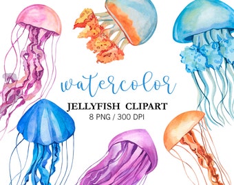 Medusas de acuarela, imágenes prediseñadas de verano, PNG, bajo el mar, animales marinos, decoración infantil, criaturas marinas, imágenes prediseñadas de vida marina, Medusa
