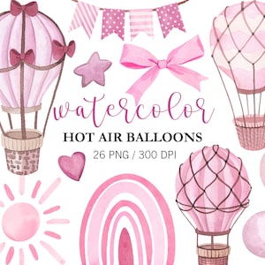 Aquarell Heißluftballons Clipart, PNG, rosa Luftballons Clipart, Kinderzimmer Dekor, Baby Shower Clipart, Reise Clipart, Aquarell Sterne Wolken