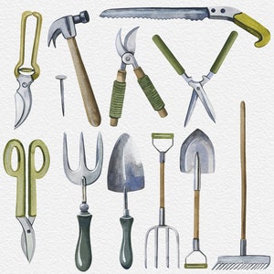 May include: A set of watercolor illustrations of gardening tools, including a saw, a hammer, a pair of pruning shears, a rake, a trowel, a hand rake, a pair of scissors, and a garden fork.