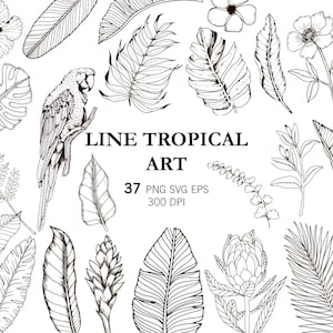 May include: Black and white line art of tropical plants, flowers, and a parrot. The image includes various leaf shapes, a hibiscus, and a detailed illustration of a parrot. Text reads "LINE TROPICAL ART" and "37 PNG SVG EPS 300 DPI".