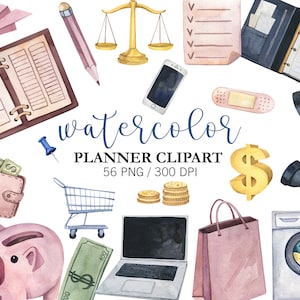 Watercolor Planner clip art, Planner Stickers, Work, Finance, Loundry icons, School Clipart, PNG, Office clipart, Digital stickers, GoodNote