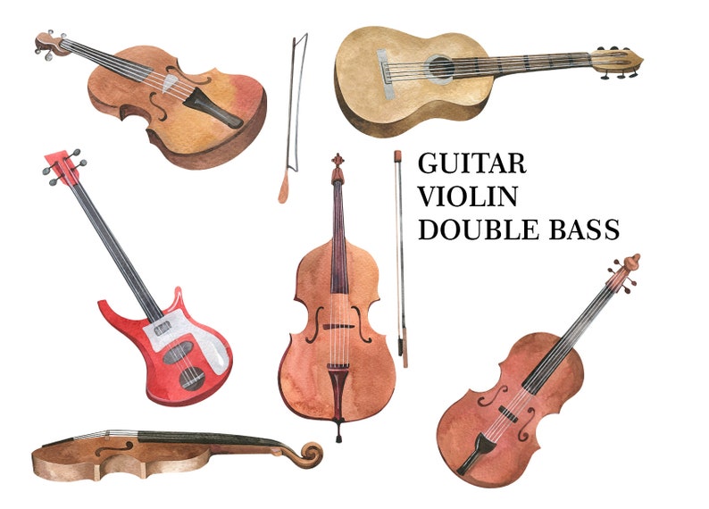 May include: Watercolor illustration of a guitar, violin, double bass, and electric bass. The instruments are painted in shades of brown and red against a white background. The text "GUITAR VIOLIN DOUBLE BASS" is written in black.
