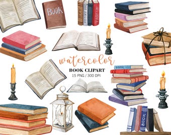 Watercolor Book Clipart, book sticker, PNG, Back to School Clipart, School supplies,  Fall clipart, Homeschool planner, Teacher stickers