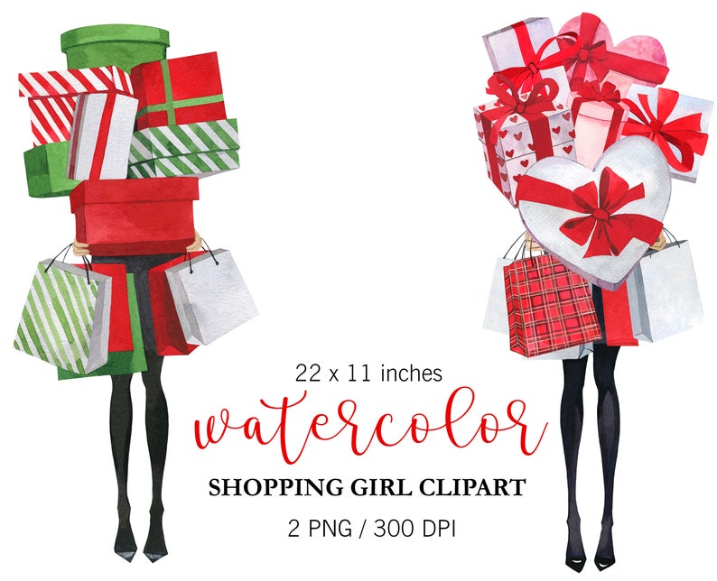 May include: Two watercolour illustrations of women carrying shopping bags filled with gifts. The woman on the left is carrying a stack of red and green wrapped gifts, while the woman on the right is carrying a heart-shaped gift box with red ribbon and a stack of red and white plaid wrapped gifts.