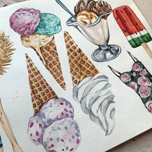 May include: Watercolour illustration of ice cream treats. Features ice cream cones with scoops of purple, green, and vanilla ice cream, a sundae in a glass, and a watermelon ice lolly. The artwork is on a white background.