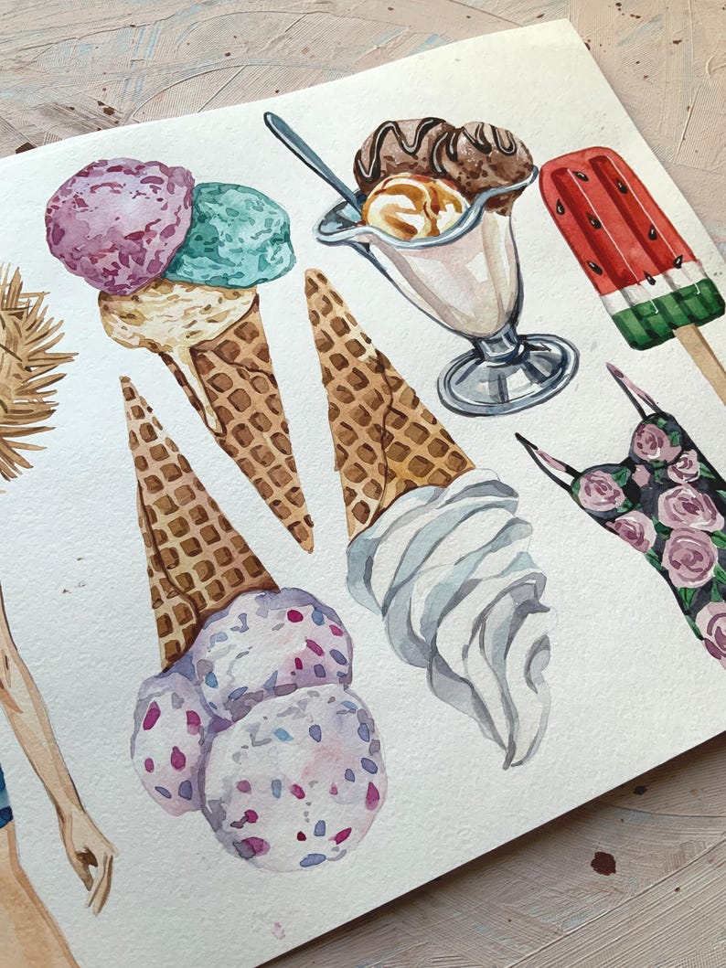 May include: Watercolour illustration of ice cream treats. Features ice cream cones with scoops of purple, green, and vanilla ice cream, a sundae in a glass, and a watermelon ice lolly. The artwork is on a white background.