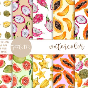 May include: A digital collection of watercolour fruit patterns featuring durian, dragon fruit, papaya, guava, grapefruit, and starfruit. The set includes 12x12 JPG files, 300 DPI, 10 PNG files, and 57 JPEG files, displayed in a grid of various colourful fruit illustrations.