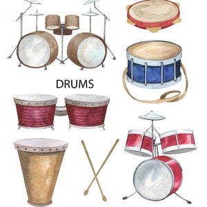 May include: A set of watercolor painted drums, including a drum set, a tambourine, a bongo set, a snare drum, and a conga drum. The drums are all different colors and sizes. The word "DRUMS" is written in black letters below the drums.