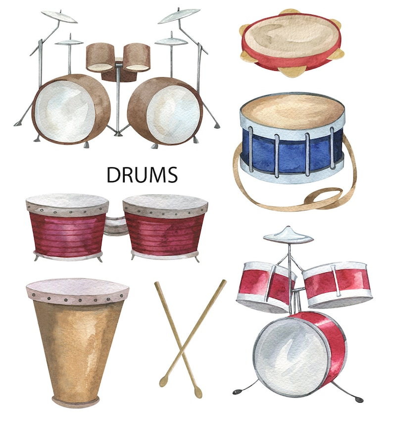 May include: A set of watercolor painted drums, including a drum set, a tambourine, a bongo set, a snare drum, and a conga drum. The drums are all different colors and sizes. The word "DRUMS" is written in black letters below the drums.