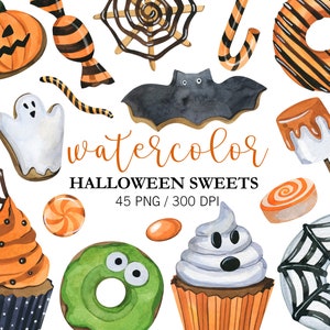 Watercolor Halloween Sweets Clipart,  Halloween Party Decor, Trick Or Treat, Horror Clipart, Halloween cookies
