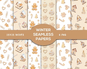 Gingerbread Seamless Digital Papers Christmas Cookie Patterns Gingerbread Houses Backgrounds Holiday Scrapbooking, Printable Digital Papers