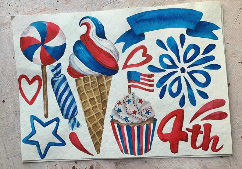 May include: Watercolour illustrations of various 4th of July themed items, including a red, white and blue lollipop, ice cream cone, cupcake, fireworks, and a banner. The text "4th" is written in red.