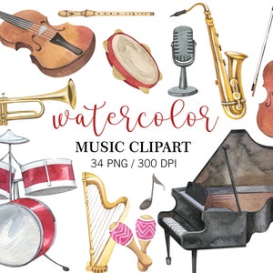 Aquarel muziek clipart, muziekinstrumenten clipart, PNG, piano clipart, orkest clipart, concert clipart band clipart akoestische clipart