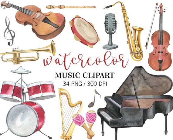 Watercolor Musical Instruments Clipart, Piano, Orchestra Clipart, Concert, Band, Acoustic PNG Graphics Digital Download