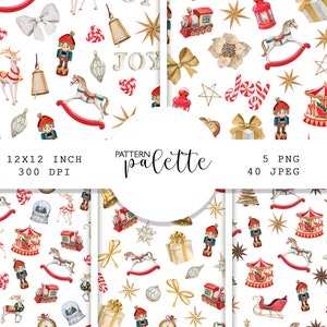 Brinquedos de Natal em aquarela, padrões sem costura, PNG de Natal, decoração de Natal, fundo de inverno, decoração escandinava,