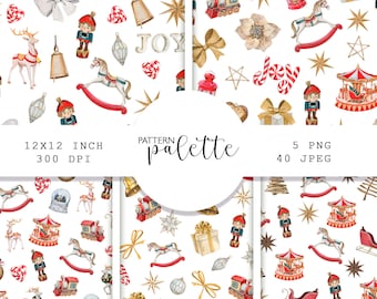 Peut inclure: Un pack de papier numérique avec des motifs sans couture de 12x12 pouces mettant en scène des illustrations à l'aquarelle d'ornements de Noël, un cheval à bascule, un casse-noisette, un carrousel, un train, un renne, une cloche, une étoile, une canne en sucre, un nœud, une boîte cadeau et un traîneau. Les motifs sont en rouge, or, blanc et vert.