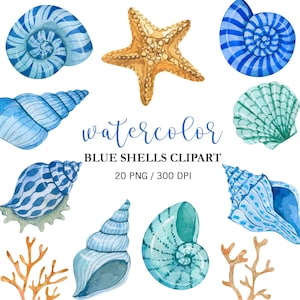 Puede incluir: Clipart de acuarela con varias conchas marinas azules y una estrella de mar dorada. Se muestra el texto "watercolor BLUE SHELLS CLIPART". La imagen incluye 20 archivos PNG a 300 DPI.