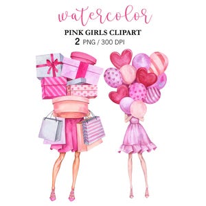 Watercolor Spring Fashion Girl Clipart: Balloons & Gifts  PNG Digital Download Shopping girls, Pink gifts and shopping bags Pink balloons