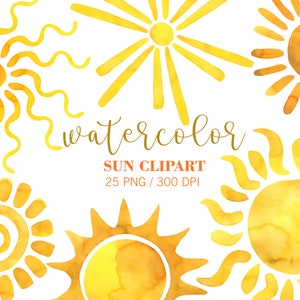 Sol en acuarela, clip art digital de sol, sol amarillo y naranja pintado a mano, vacaciones de verano, clipart de verano, PNG, clipart de guardería