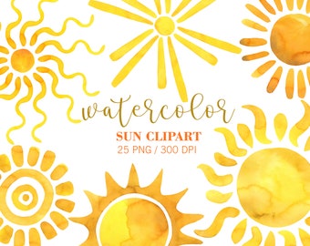 Watercolor Sun Clipart, Digital Sun Clip Art,  Hand Painted Yellow and orange sun, Summer vacation, Summer Clipart, PNG, Nursery Clipart