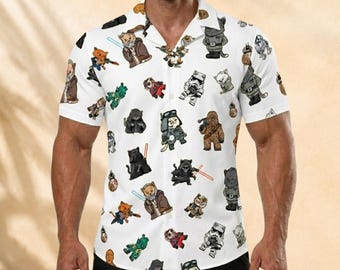 Star Wars Cat Hawaiian Shirt, Kawaii Jedi Cats Aloha Button Shirt, Boba Fett Kitty Shirt, Funny Galaxy Button Up Gift for Cat Lovers