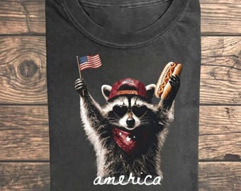 Comfort Colors America Raccoon Hot Dog Shirt, 4th of July Raccoon Shirt, Patriotic American Flag Tee, Retro USA Animal T-Shirt
