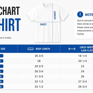 May include: A white t-shirt size chart with a diagram showing length and chest measurements. The table lists sizes S through 4XL with corresponding body length and chest width in inches. A note indicates a potential 1-3cm error due to manual measurement.