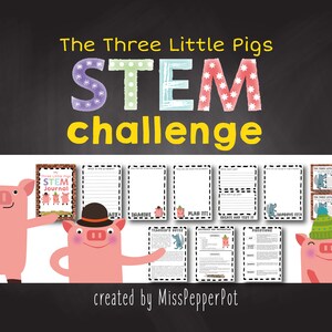 Puede incluir: Un desafío STEM imprimible colorido para niños basado en la historia de los tres cerditos. El imprimible incluye un diario STEM, secciones de planificación, creación, prueba y mejora. La imagen presenta tres cerdos de dibujos animados.