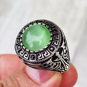 925 Sterling Silver Green Cat Eye Stone Sword Men Ring,Silver Green Zircon Stone Men Ring,Handmade Men Ring,Green Zircon Stone Ring for Men