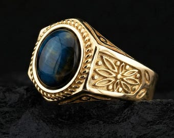 Anillo de ojo de tigre azul en oro de 14 k: banda ovalada grabada