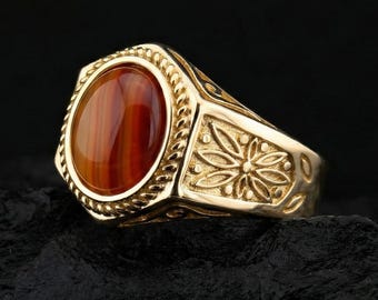 Anillo de sello de oro macizo de 14 quilates con ágata para hombre. Joyería de oro única.
