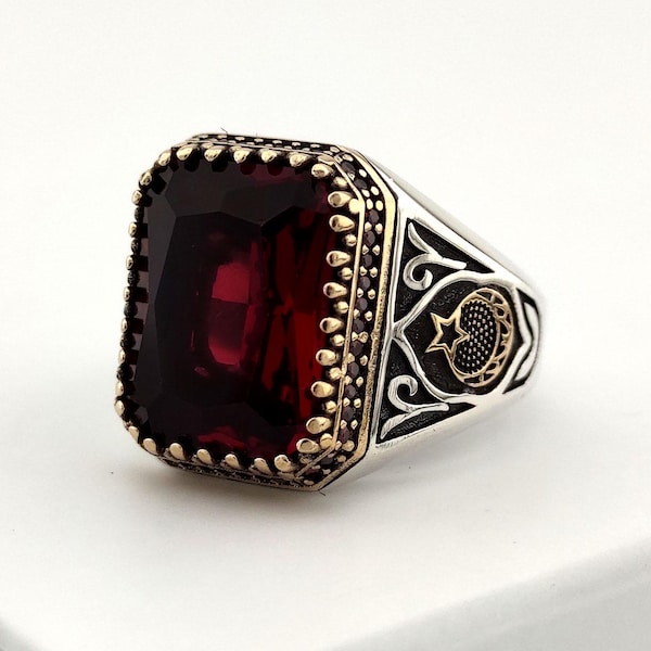 Men's Silver Ring Ottoman Red Enamel Crescent Moon & Star 5223 main image 1