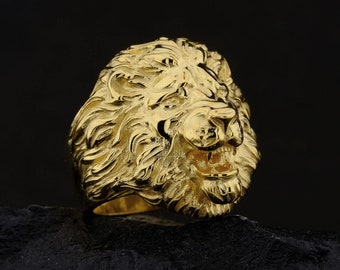 Anillo de cabeza de león en oro macizo de 14 quilates - León rugiente - Joyería africana para hombre