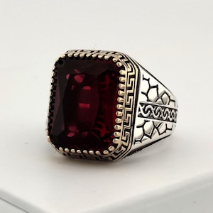 Garnet Red Sterling Silver Men&#39;s Ring: Geometric Engraved Gothic Jewelry