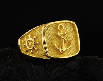 Handmade 14K Gold Anchor Signet Ring: Nautical Jewelry