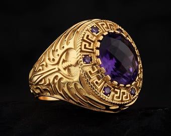 Anillo de sello de amatista en oro de 14 quilates con piedra de 12 mm y banda grabada