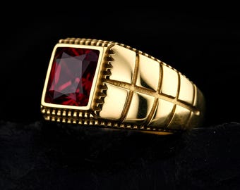 Anillo de sello cuadrado con piedra preciosa roja de oro de 14 quilates para hombre y mujer, joyería atrevida