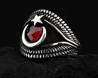 Anillo turco de plata de ley con forma de media luna y estrella, piedra roja